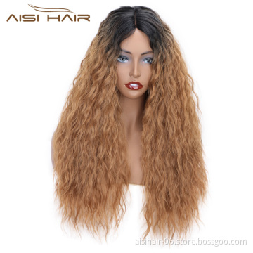 Aisi Hair Heat Resistant Synthetic Fiber Long Wavy Lace Part Wigs Ombre Brown Long Wave Wigs for American African Women